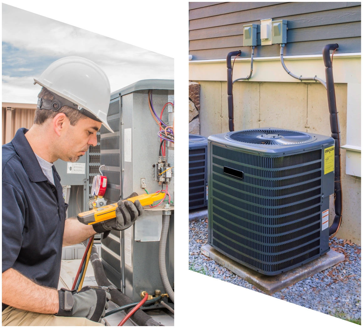 HVAC technician inspecting air conditioning unit.