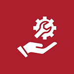 A red background with a white icon of a hand holding a wrench.