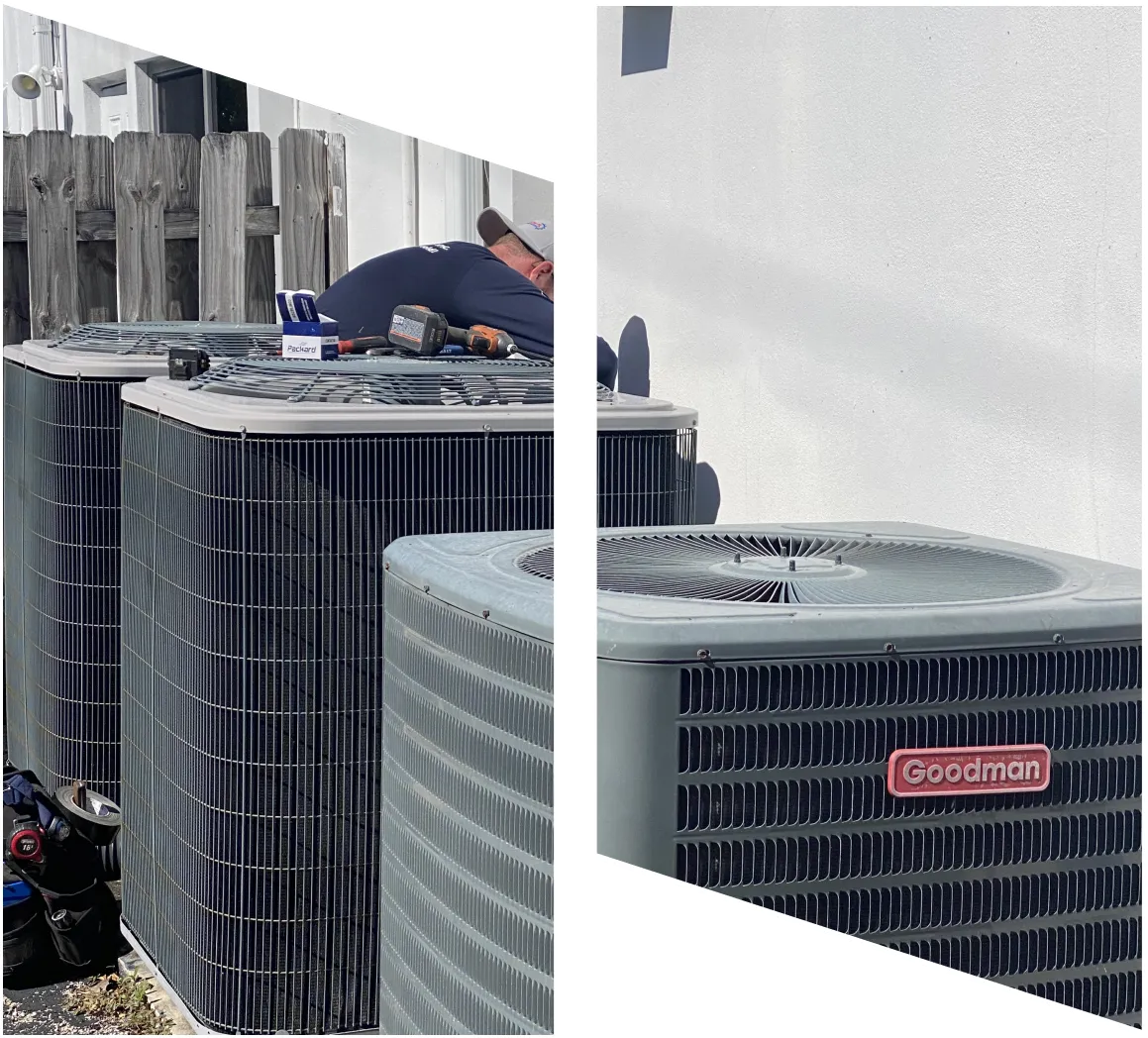 A split photo of air conditioners and a man working on them.